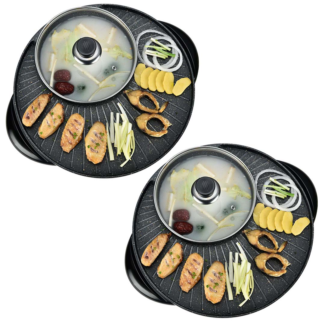 NNEAGS 2X 2 in 1 Electric Stone Coated Teppanyaki Grill Plate Steamboat Hotpot 3-5 Person-0