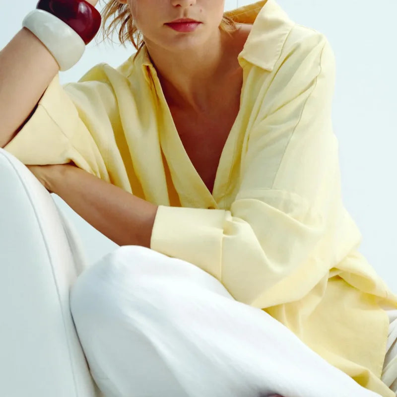 2025 Chemise Femme and Summer Women's Casual FashionYellow Blouse Work Simple Loose Sleeves Single breasted Collar