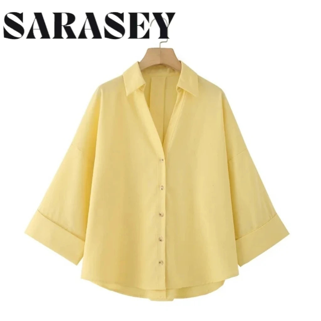 2025 Chemise Femme and Summer Women's Casual FashionYellow Blouse Work Simple Loose Sleeves Single breasted Collar