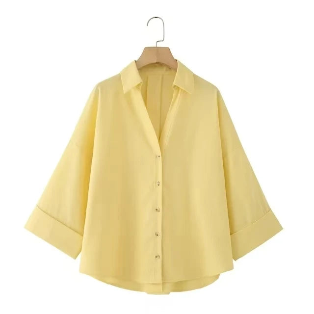 2025 Chemise Femme and Summer Women's Casual FashionYellow Blouse Work Simple Loose Sleeves Single breasted Collar