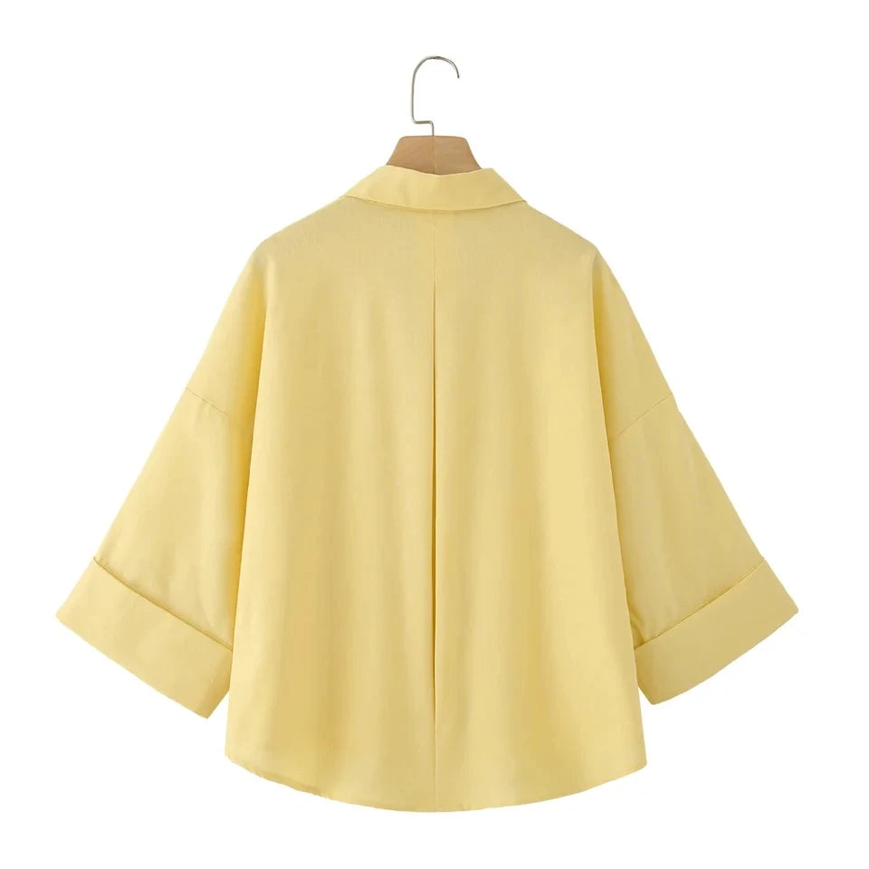 2025 Chemise Femme and Summer Women's Casual FashionYellow Blouse Work Simple Loose Sleeves Single breasted Collar