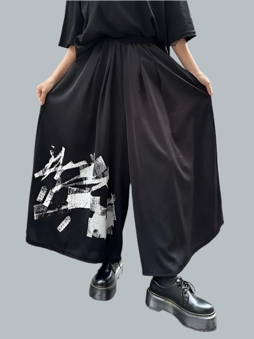 [EAM] High Elastic Waist Black Pattern Printed Long Wide Leg Pants New Trousers Women Fashion Tide Spring Autumn 2025 1DJ0899