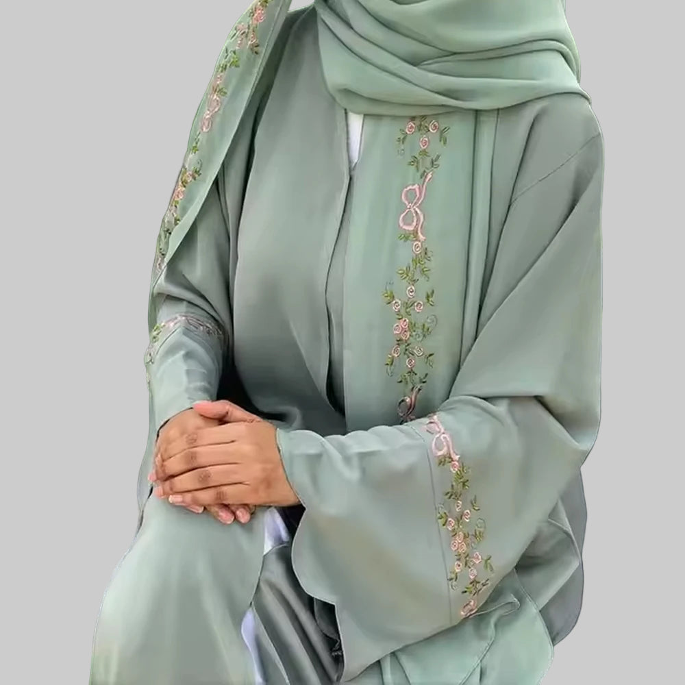 2025 Women's Dresses Embroidery Luxury Abaya Dubai Womens Clothing Front Open Abaya and Hijab 2 Piece Set Islamic Clothing