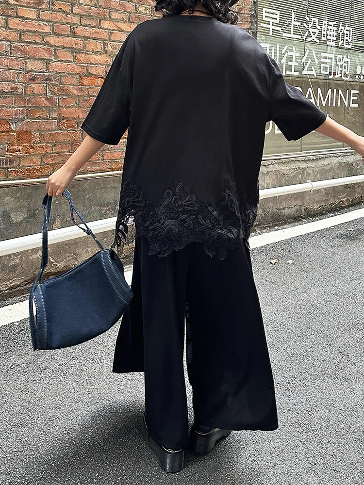 [EAM] High Elastic Waist Black Pattern Printed Long Wide Leg Pants New Trousers Women Fashion Tide Spring Autumn 2025 1DJ0899