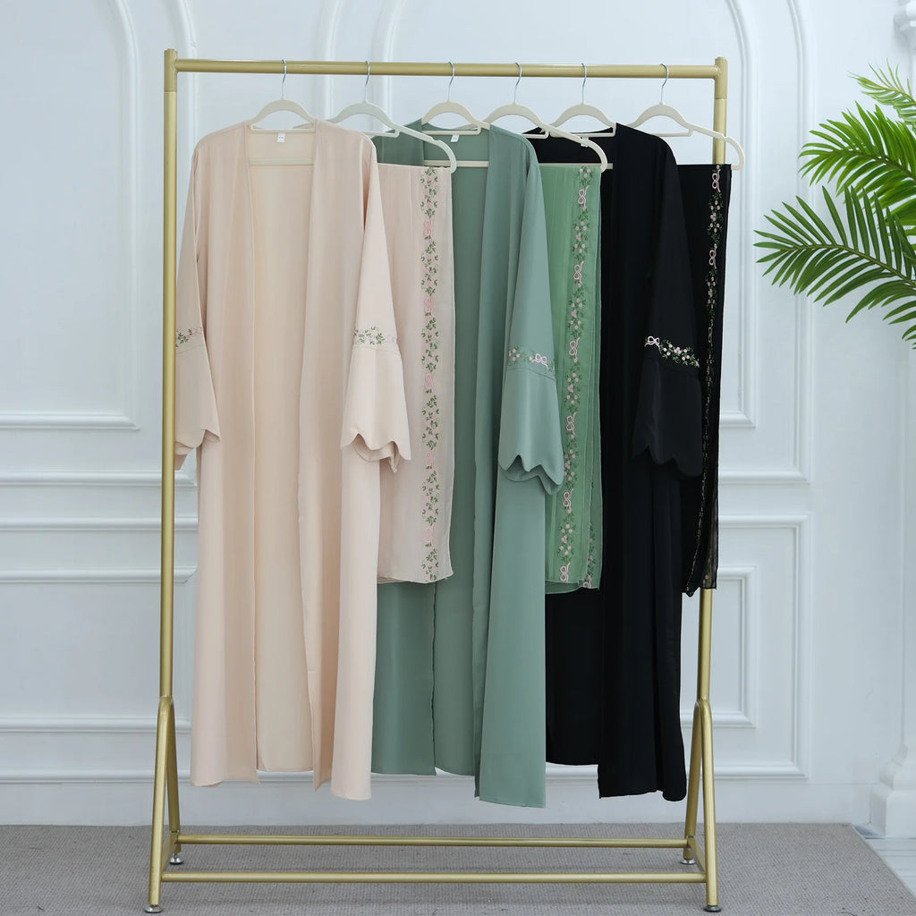 2025 Women's Dresses Embroidery Luxury Abaya Dubai Womens Clothing Front Open Abaya and Hijab 2 Piece Set Islamic Clothing