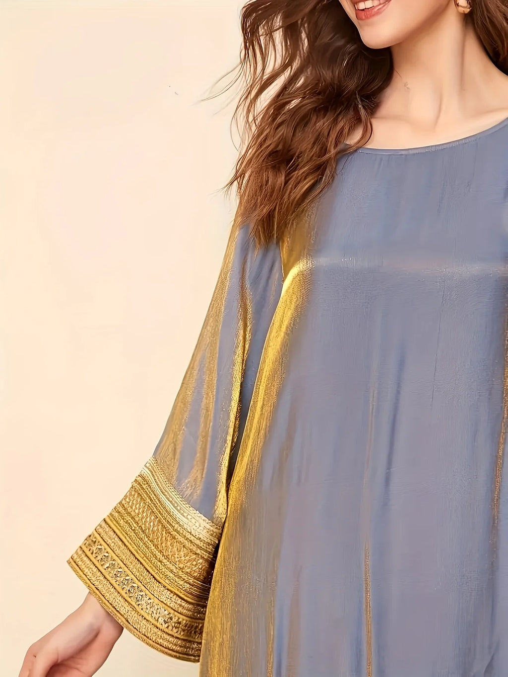 Abaya A Long Dress with a Round Neckline Featuring Directional Reflective Lace Decoration, Elegant Long Sleeves, And a Loose Fit