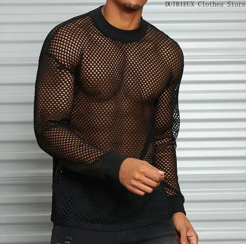 Spring &Autumn Breathable Mesh Men's Long Sleeve T-shirt Sexy See-through Mesh Men's T-shirt Bar Club Party Performance Clothing