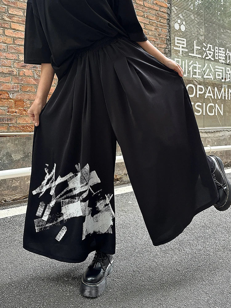 [EAM] High Elastic Waist Black Pattern Printed Long Wide Leg Pants New Trousers Women Fashion Tide Spring Autumn 2025 1DJ0899