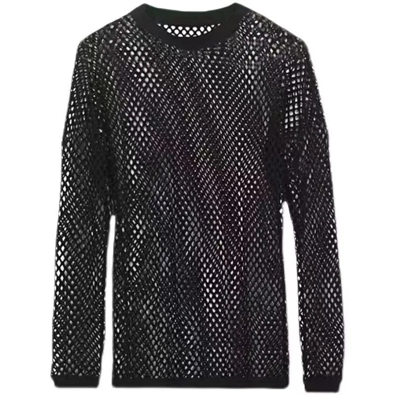 Spring &Autumn Breathable Mesh Men's Long Sleeve T-shirt Sexy See-through Mesh Men's T-shirt Bar Club Party Performance Clothing