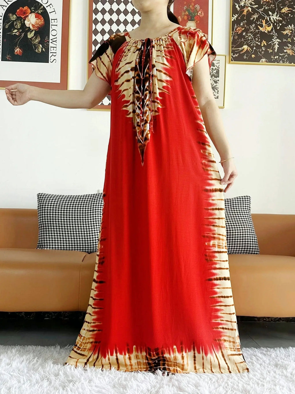Abaya for Women  African Lady Short Sleeve Loose Dress Solid Cotton Boat-Neck Floral Boubou Maxi Islam Women African Clothes