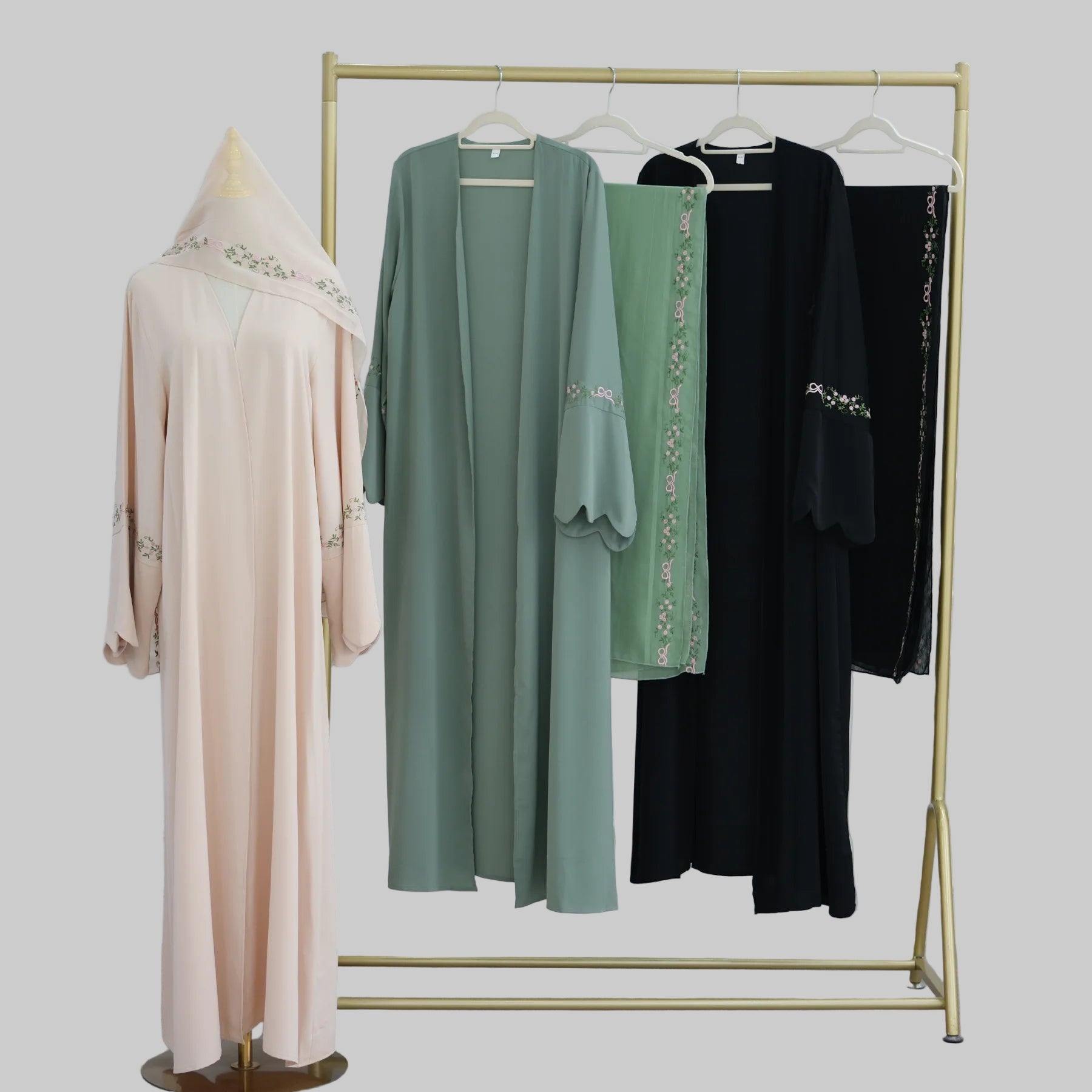 2025 Women's Dresses Embroidery Luxury Abaya Dubai Womens Clothing Front Open Abaya and Hijab 2 Piece Set Islamic Clothing
