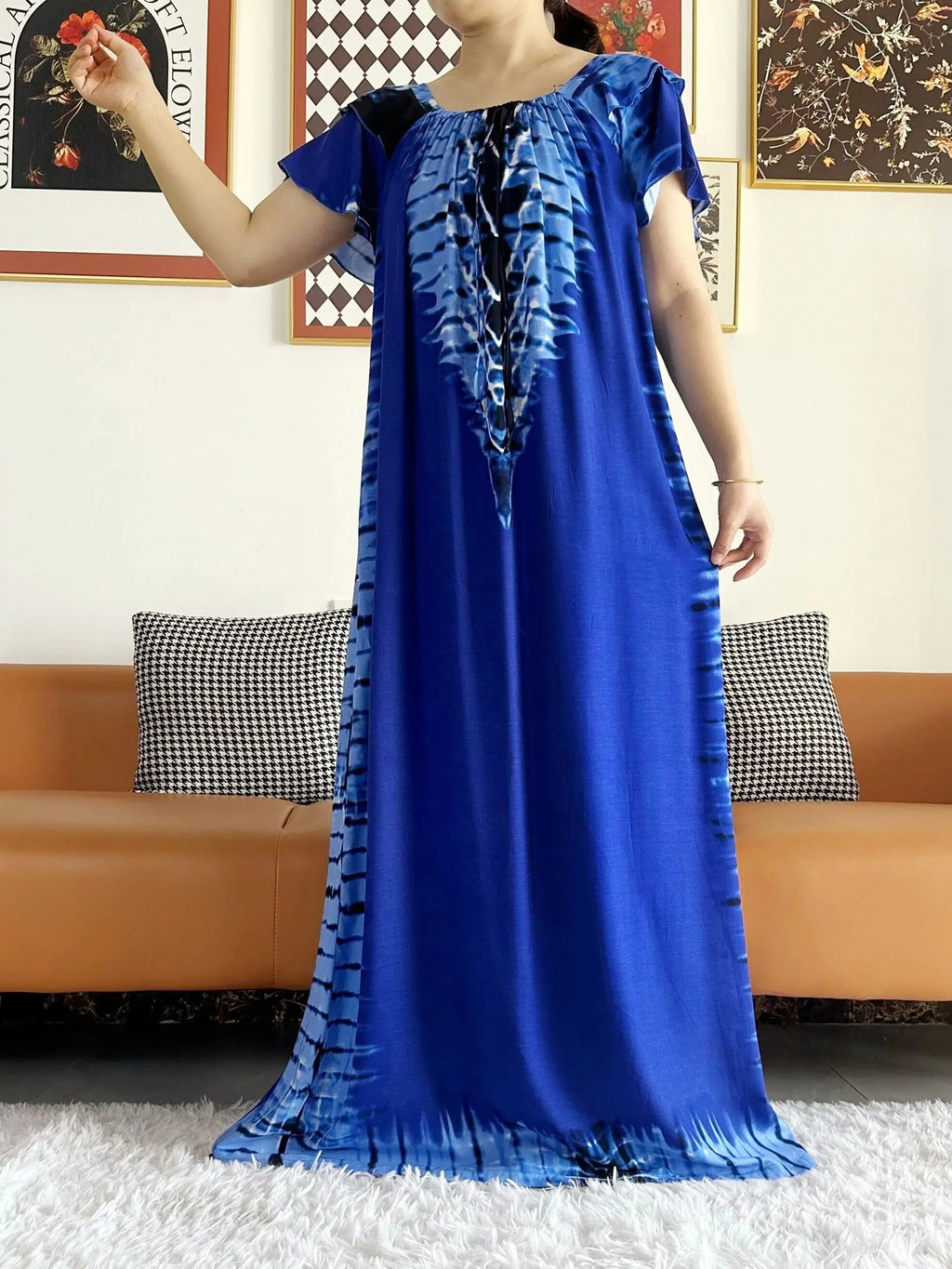 Abaya for Women  African Lady Short Sleeve Loose Dress Solid Cotton Boat-Neck Floral Boubou Maxi Islam Women African Clothes