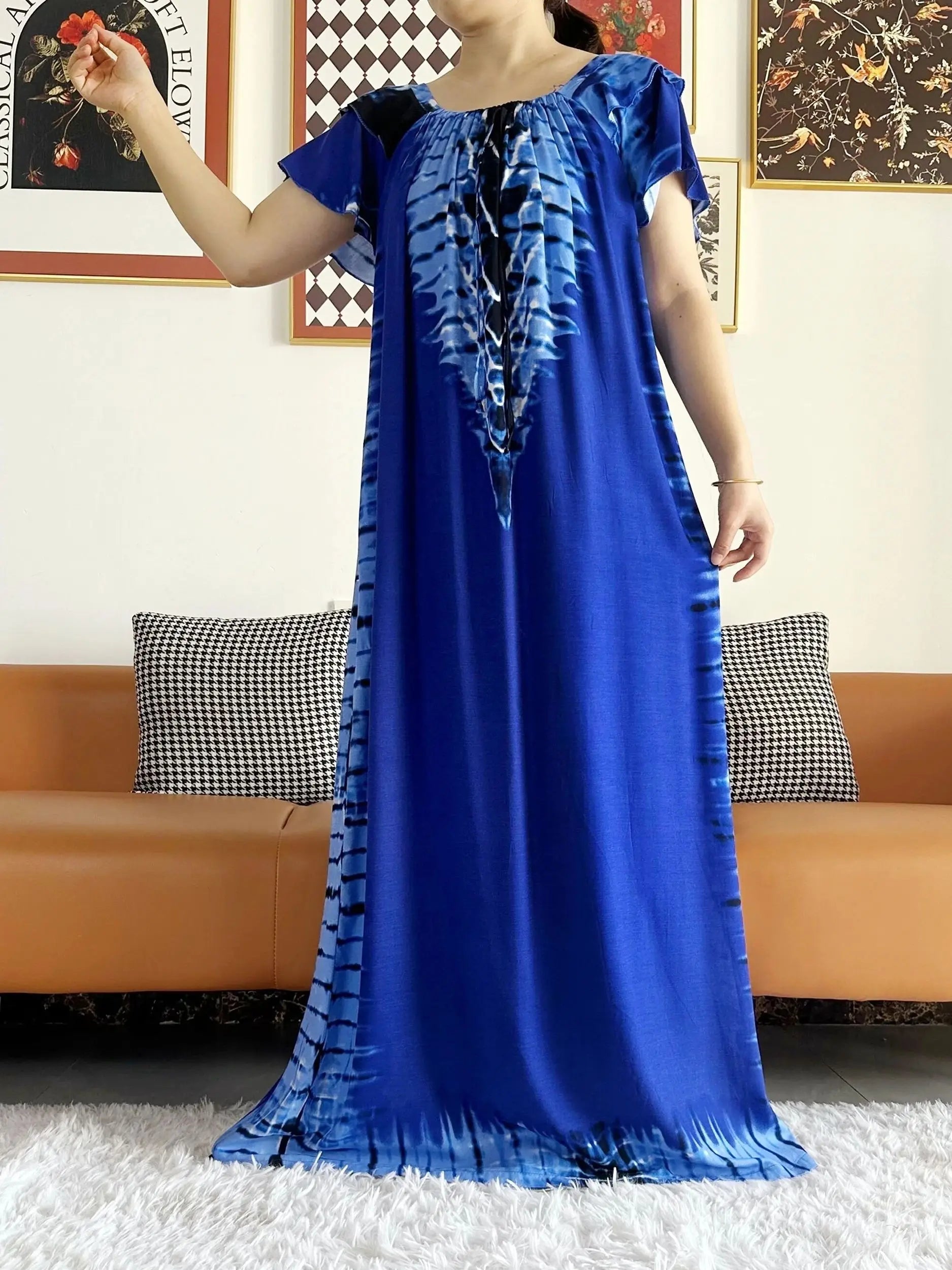 Abaya for Women  African Lady Short Sleeve Loose Dress Solid Cotton Boat-Neck Floral Boubou Maxi Islam Women African Clothes