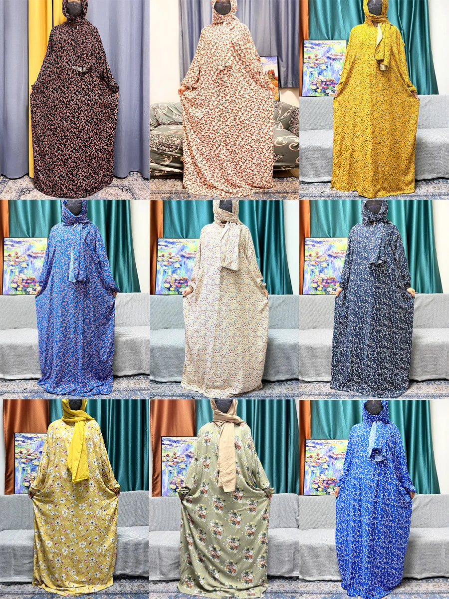 Abayas For Women Dubai Traditional Festival Ramadan Floral Cotton Prayer Garment African Nigeria Clothes Connect Hijab Turban