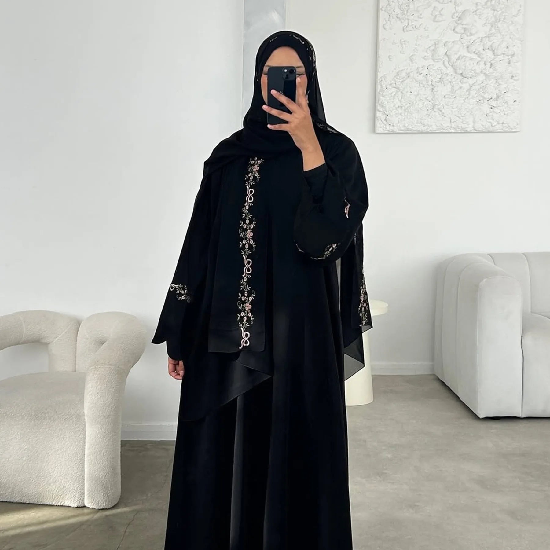 2025 Women's Dresses Embroidery Luxury Abaya Dubai Womens Clothing Front Open Abaya and Hijab 2 Piece Set Islamic Clothing