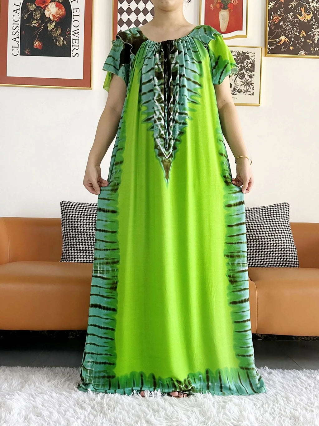 Abaya for Women  African Lady Short Sleeve Loose Dress Solid Cotton Boat-Neck Floral Boubou Maxi Islam Women African Clothes