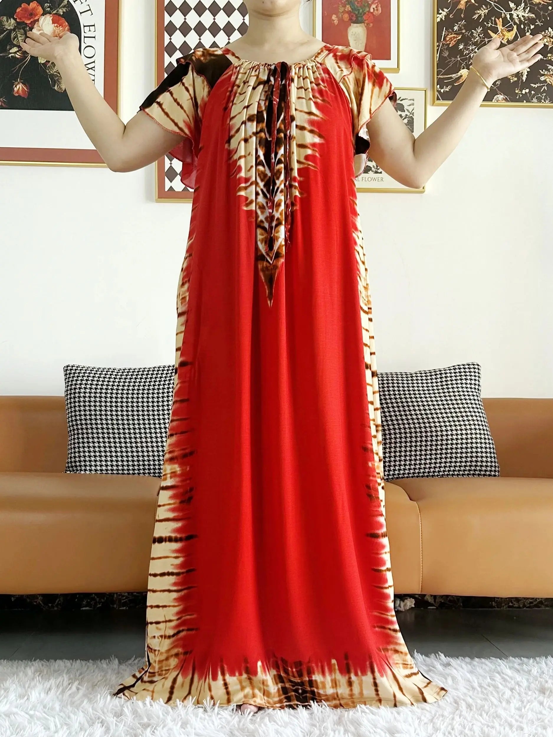 Abaya for Women  African Lady Short Sleeve Loose Dress Solid Cotton Boat-Neck Floral Boubou Maxi Islam Women African Clothes