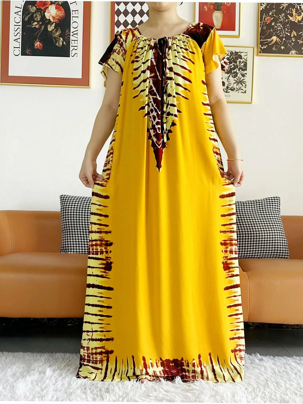 Abaya for Women  African Lady Short Sleeve Loose Dress Solid Cotton Boat-Neck Floral Boubou Maxi Islam Women African Clothes