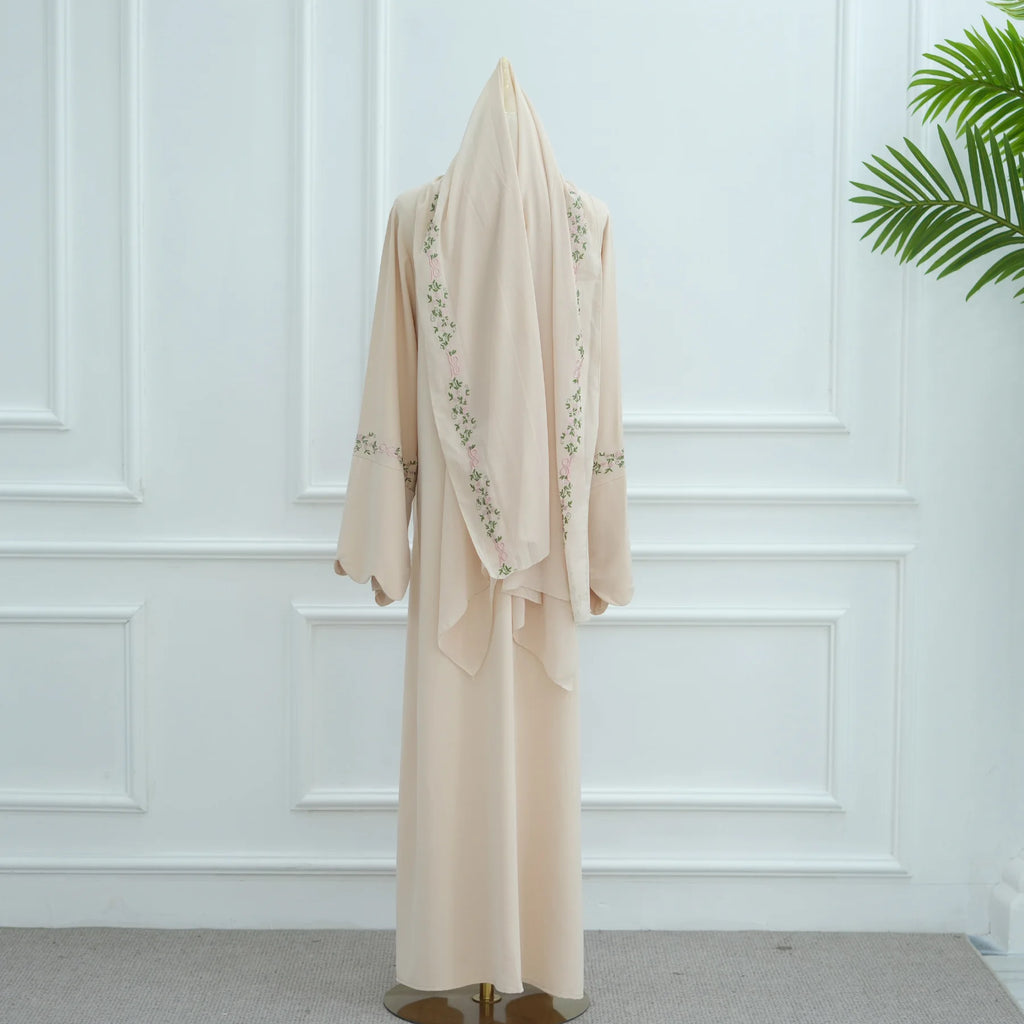 2025 Women's Dresses Embroidery Luxury Abaya Dubai Womens Clothing Front Open Abaya and Hijab 2 Piece Set Islamic Clothing