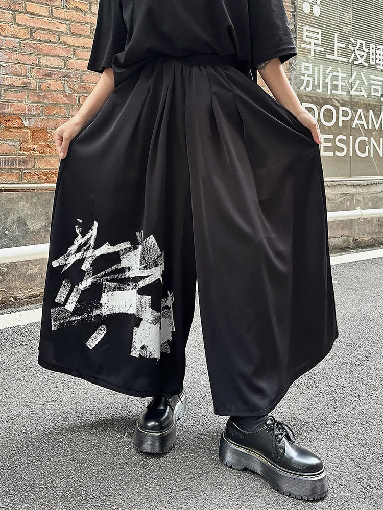 [EAM] High Elastic Waist Black Pattern Printed Long Wide Leg Pants New Trousers Women Fashion Tide Spring Autumn 2025 1DJ0899