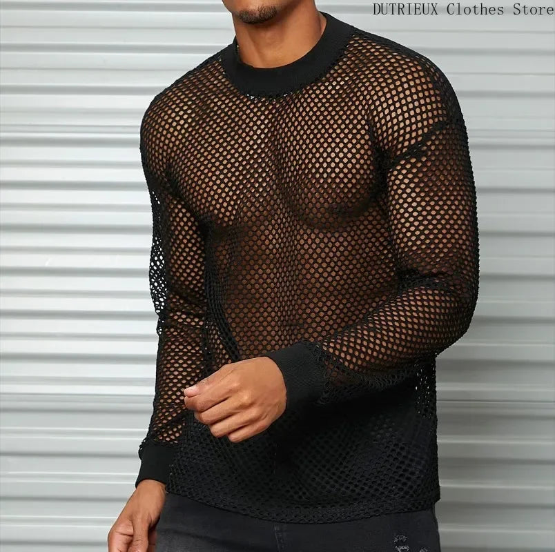 Spring &Autumn Breathable Mesh Men's Long Sleeve T-shirt Sexy See-through Mesh Men's T-shirt Bar Club Party Performance Clothing