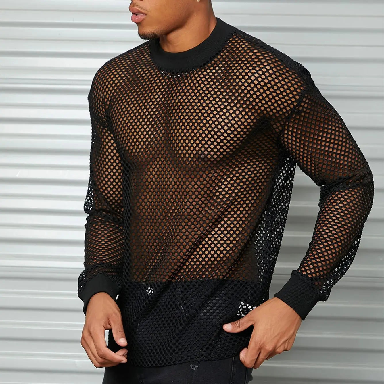Spring &Autumn Breathable Mesh Men's Long Sleeve T-shirt Sexy See-through Mesh Men's T-shirt Bar Club Party Performance Clothing