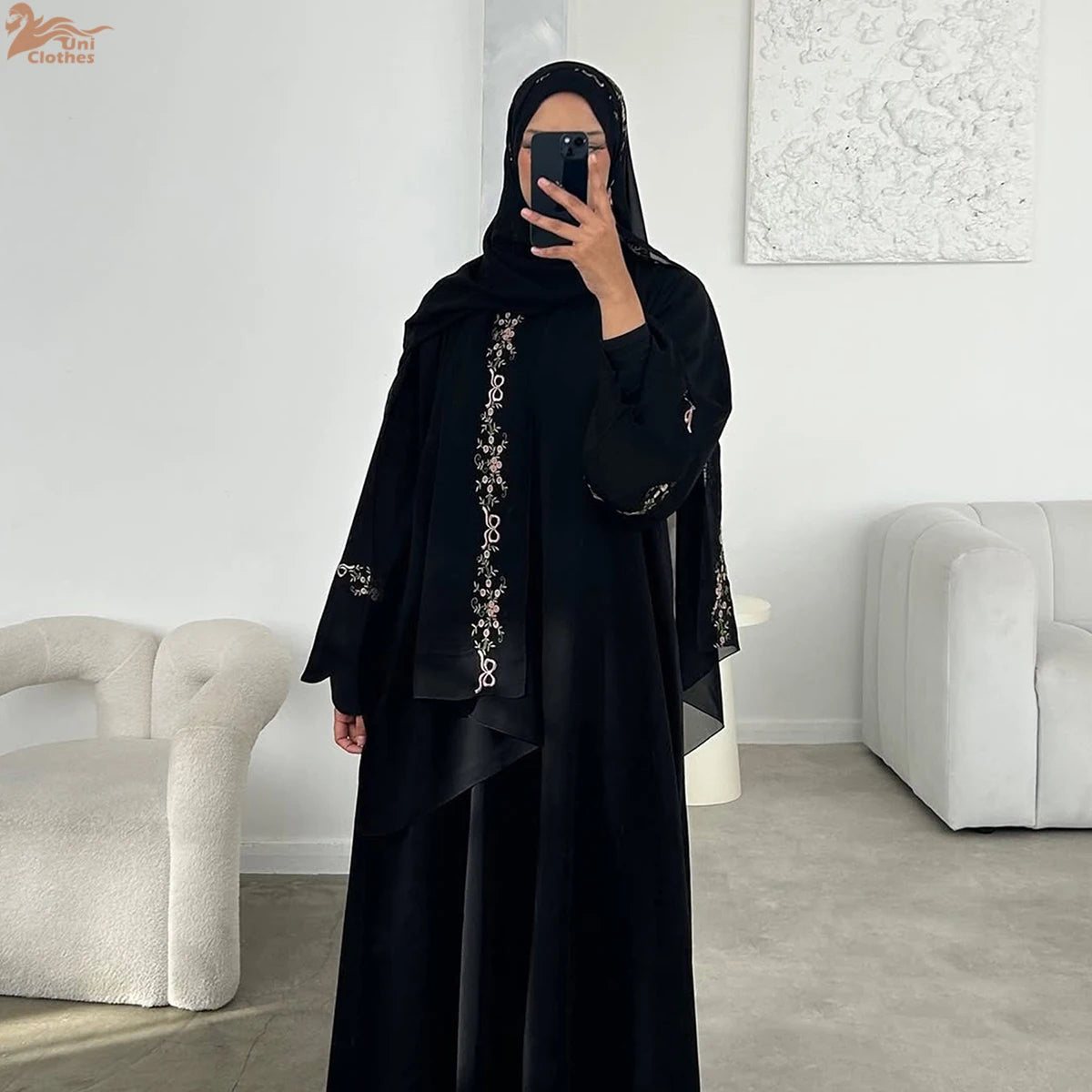 2025 Women's Dresses Embroidery Luxury Abaya Dubai Womens Clothing Front Open Abaya and Hijab 2 Piece Set Islamic Clothing