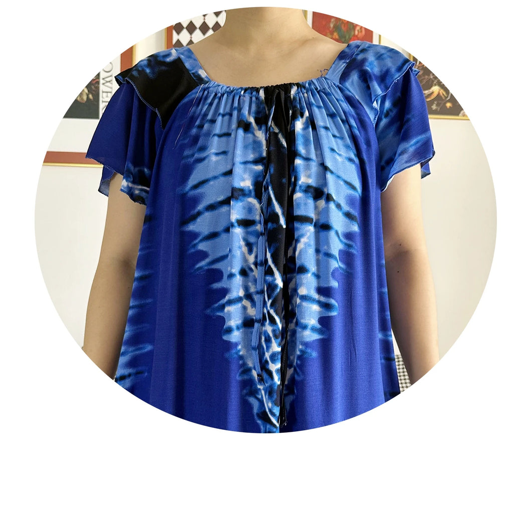 Abaya for Women  African Lady Short Sleeve Loose Dress Solid Cotton Boat-Neck Floral Boubou Maxi Islam Women African Clothes
