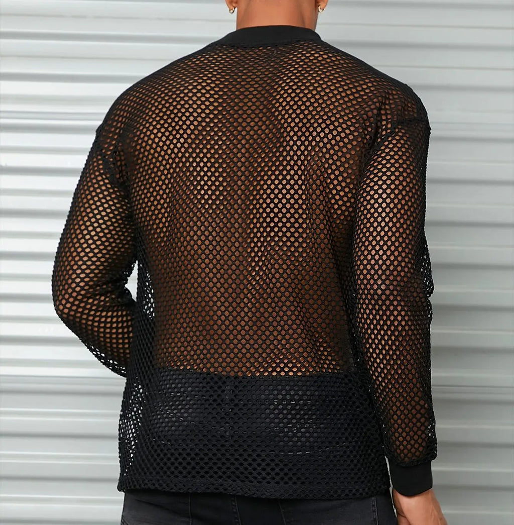 Spring &Autumn Breathable Mesh Men's Long Sleeve T-shirt Sexy See-through Mesh Men's T-shirt Bar Club Party Performance Clothing