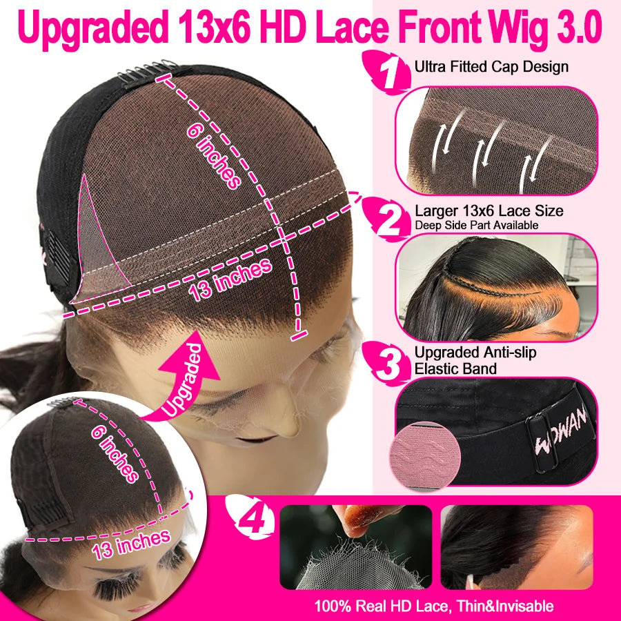 Wow Angel 250% 13x6 HD Full Lace Frontal Wigs Large Lace Size Straight 34in Remy Human Hair Wigs Pre Plucked Brazilian Hair