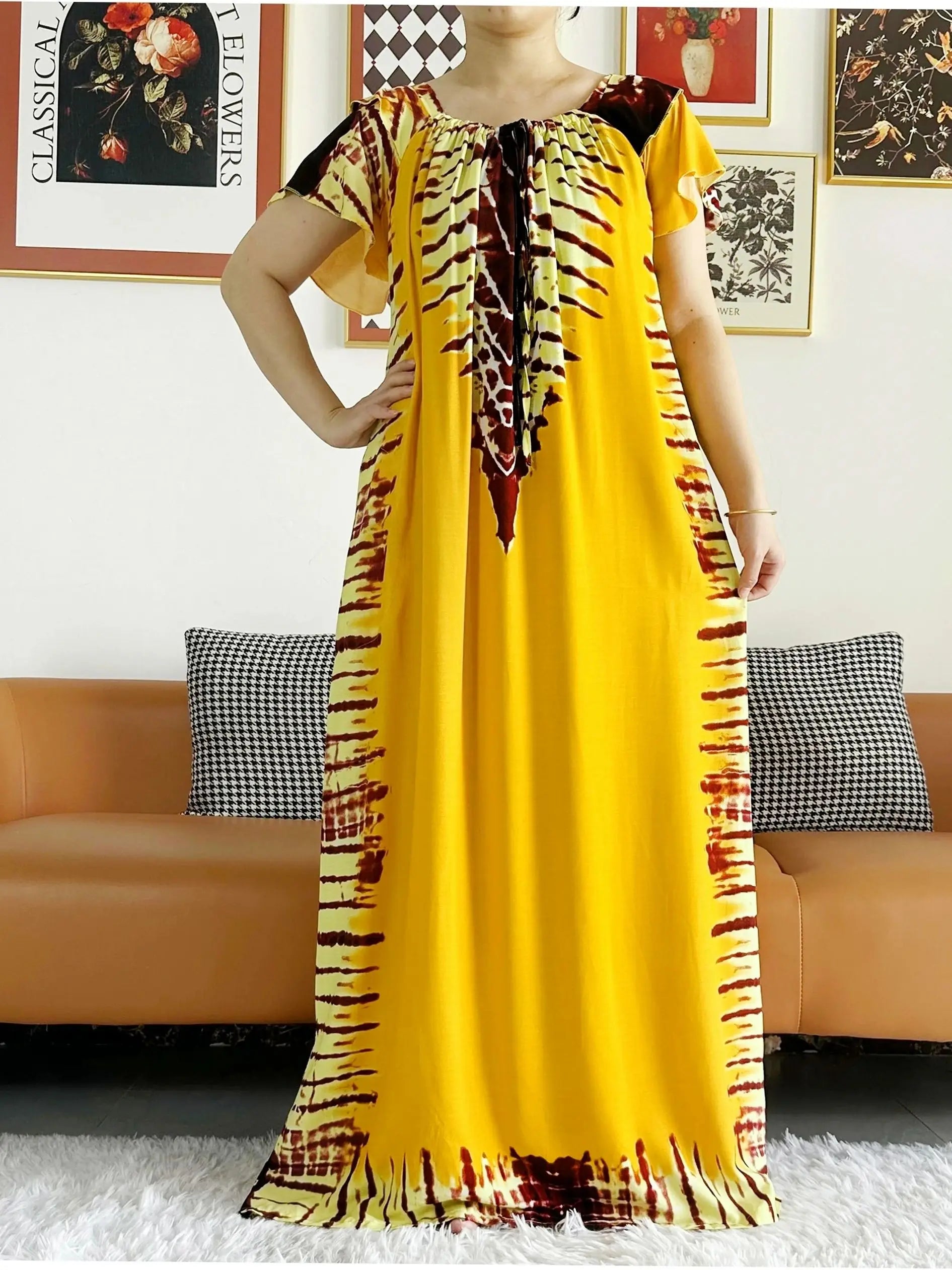 Abaya for Women  African Lady Short Sleeve Loose Dress Solid Cotton Boat-Neck Floral Boubou Maxi Islam Women African Clothes