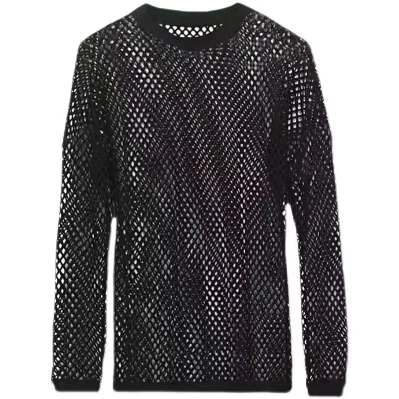 Spring &Autumn Breathable Mesh Men's Long Sleeve T-shirt Sexy See-through Mesh Men's T-shirt Bar Club Party Performance Clothing