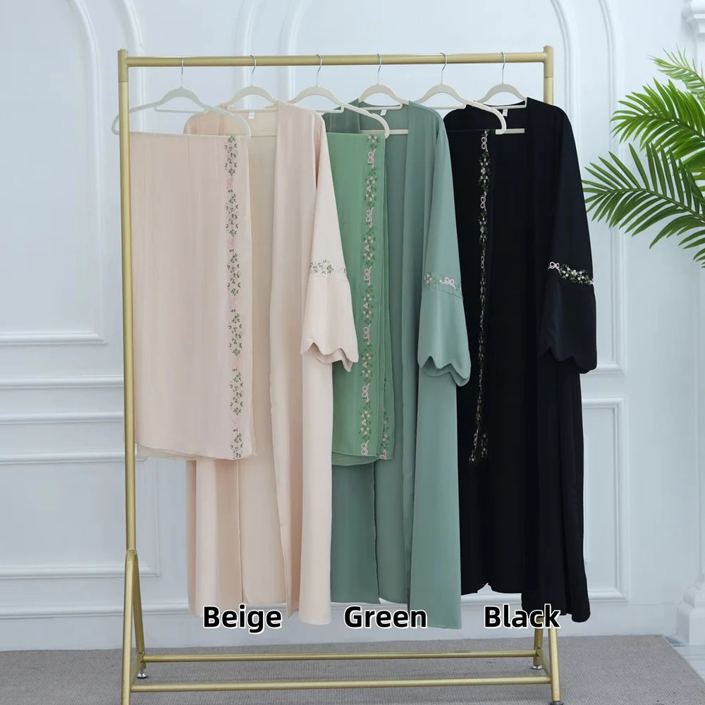 2025 Women's Dresses Embroidery Luxury Abaya Dubai Womens Clothing Front Open Abaya and Hijab 2 Piece Set Islamic Clothing