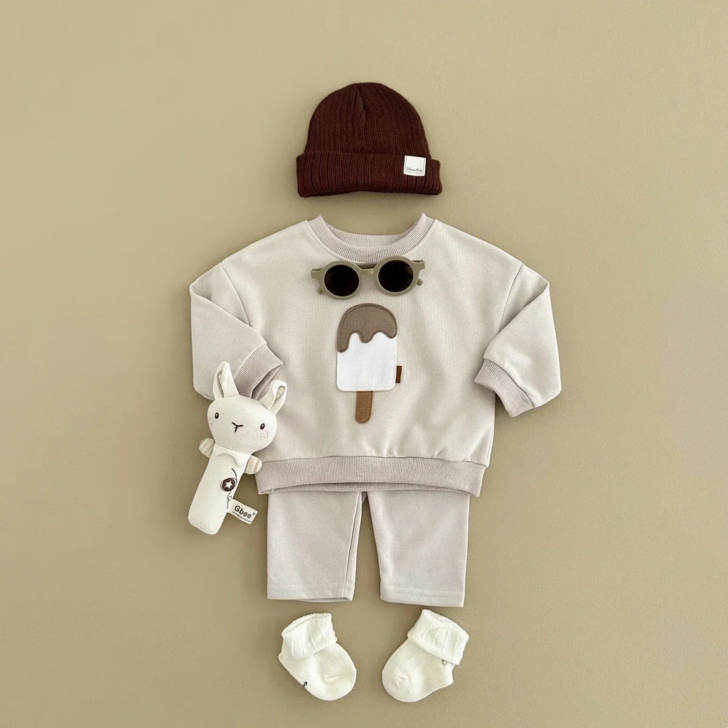 Autumn Baby Boys Girls Clothing Set Casual Ice Cream Pattern Patchwork Long Sleeved Pants Kids Cotton Suits Spring