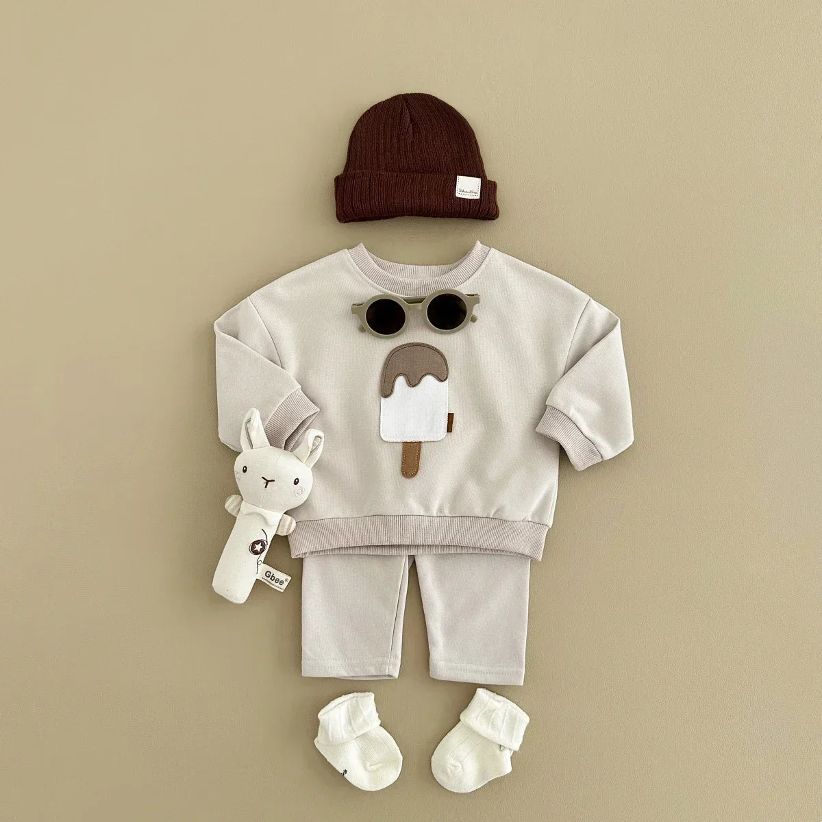 Autumn Baby Boys Girls Clothing Set Casual Ice Cream Pattern Patchwork Long Sleeved Pants Kids Cotton Suits Spring