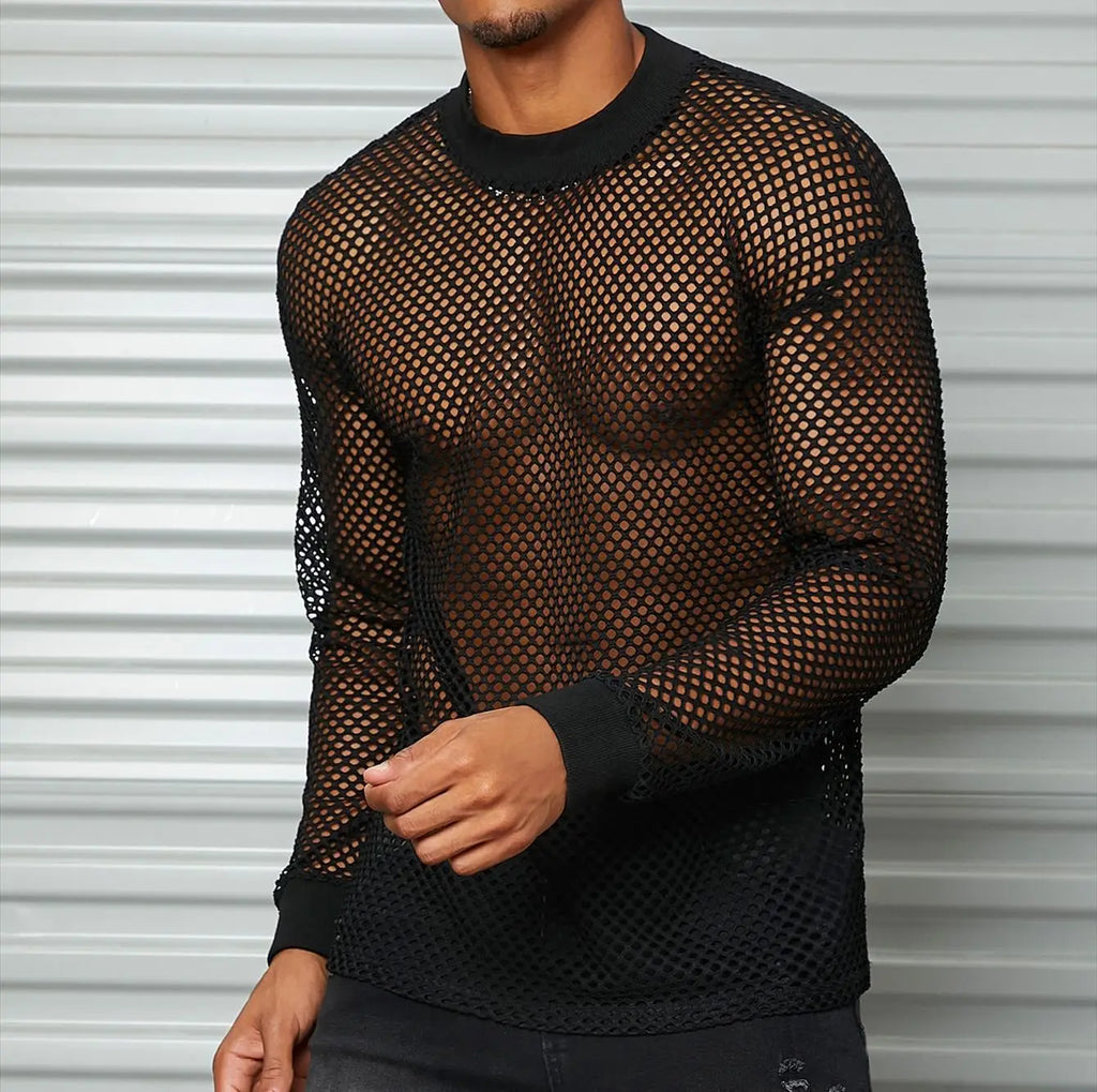 Spring &Autumn Breathable Mesh Men's Long Sleeve T-shirt Sexy See-through Mesh Men's T-shirt Bar Club Party Performance Clothing