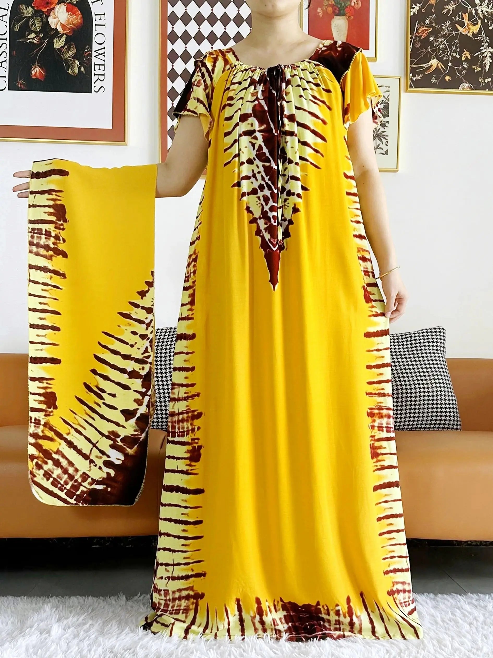 Abaya for Women  African Lady Short Sleeve Loose Dress Solid Cotton Boat-Neck Floral Boubou Maxi Islam Women African Clothes