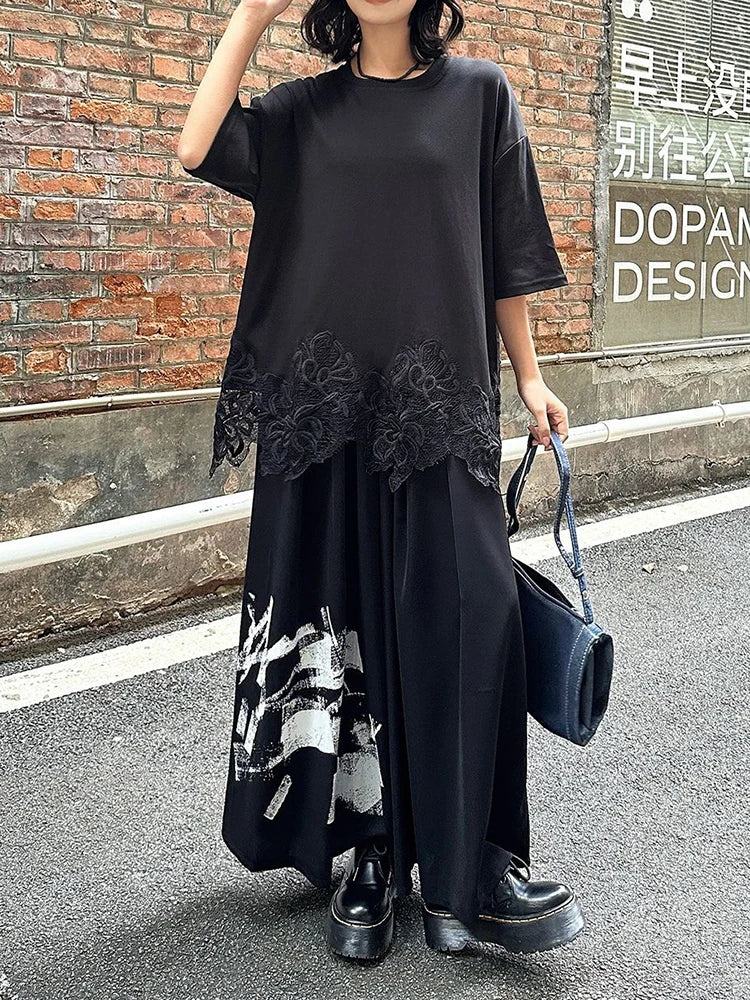 [EAM] High Elastic Waist Black Pattern Printed Long Wide Leg Pants New Trousers Women Fashion Tide Spring Autumn 2025 1DJ0899