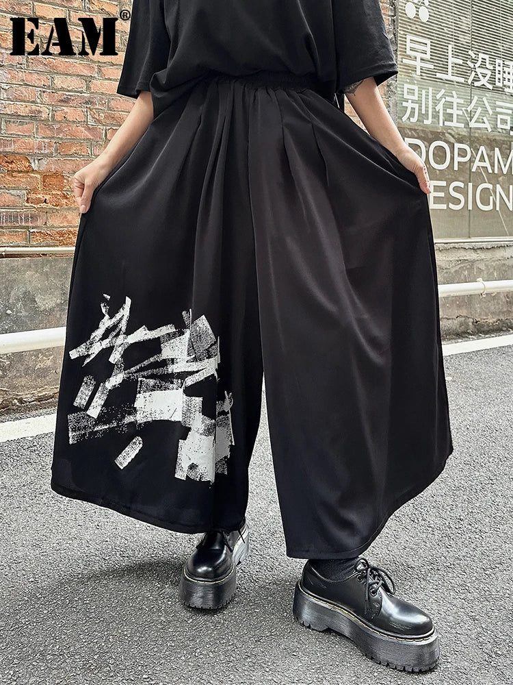 [EAM] High Elastic Waist Black Pattern Printed Long Wide Leg Pants New Trousers Women Fashion Tide Spring Autumn 2025 1DJ0899