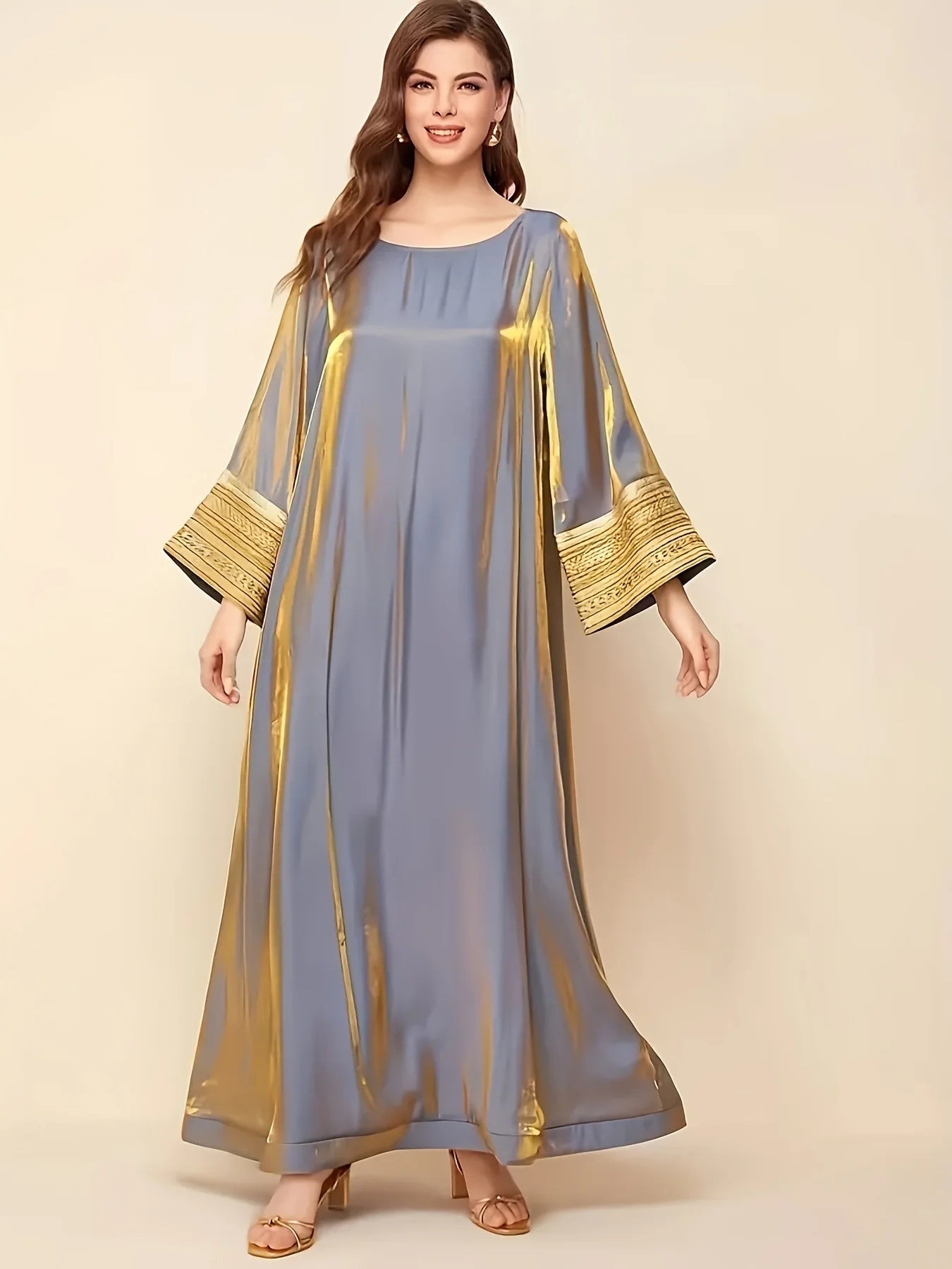 Abaya A Long Dress with a Round Neckline Featuring Directional Reflective Lace Decoration, Elegant Long Sleeves, And a Loose Fit