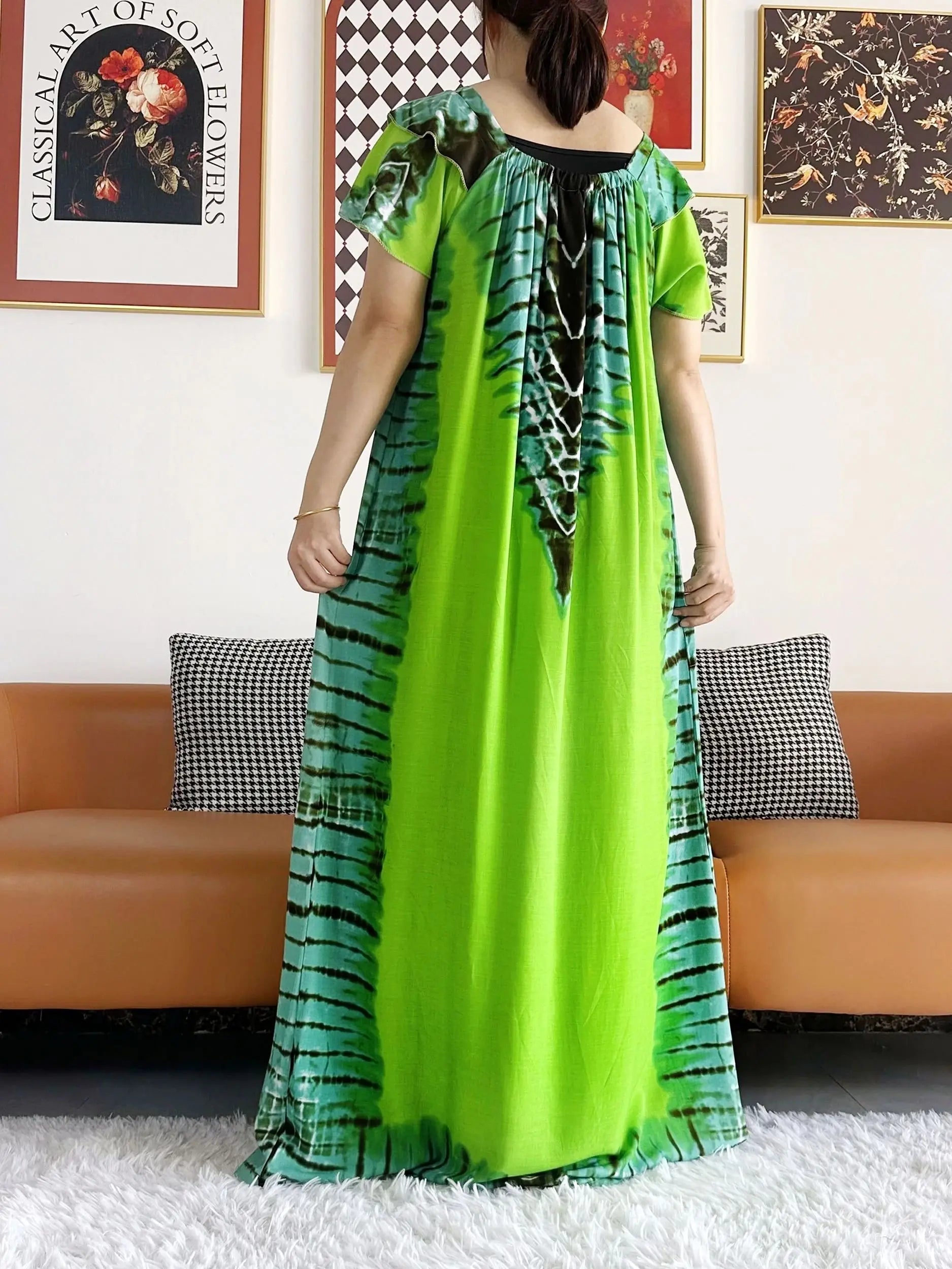Abaya for Women  African Lady Short Sleeve Loose Dress Solid Cotton Boat-Neck Floral Boubou Maxi Islam Women African Clothes