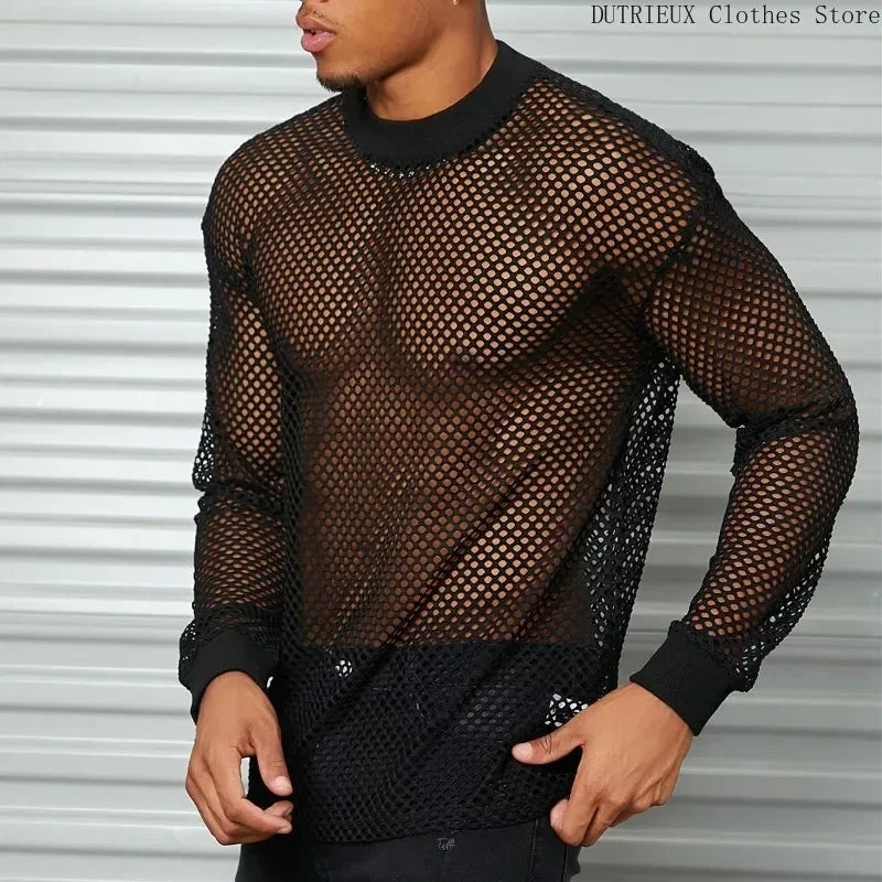 Spring &Autumn Breathable Mesh Men's Long Sleeve T-shirt Sexy See-through Mesh Men's T-shirt Bar Club Party Performance Clothing
