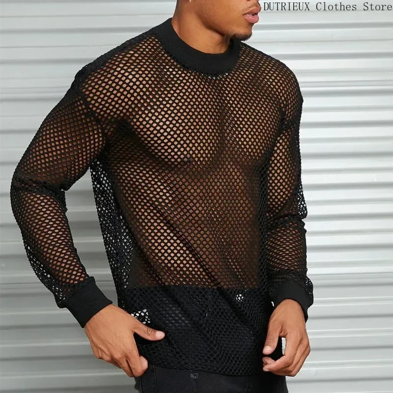 Spring &Autumn Breathable Mesh Men's Long Sleeve T-shirt Sexy See-through Mesh Men's T-shirt Bar Club Party Performance Clothing