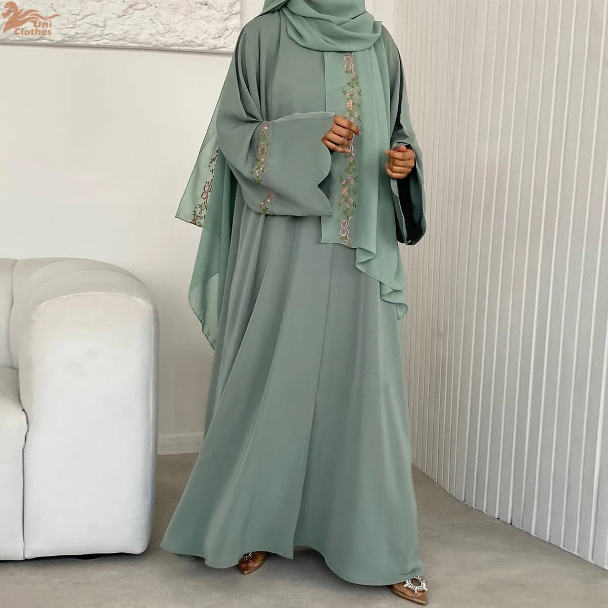 2025 Women's Dresses Embroidery Luxury Abaya Dubai Womens Clothing Front Open Abaya and Hijab 2 Piece Set Islamic Clothing