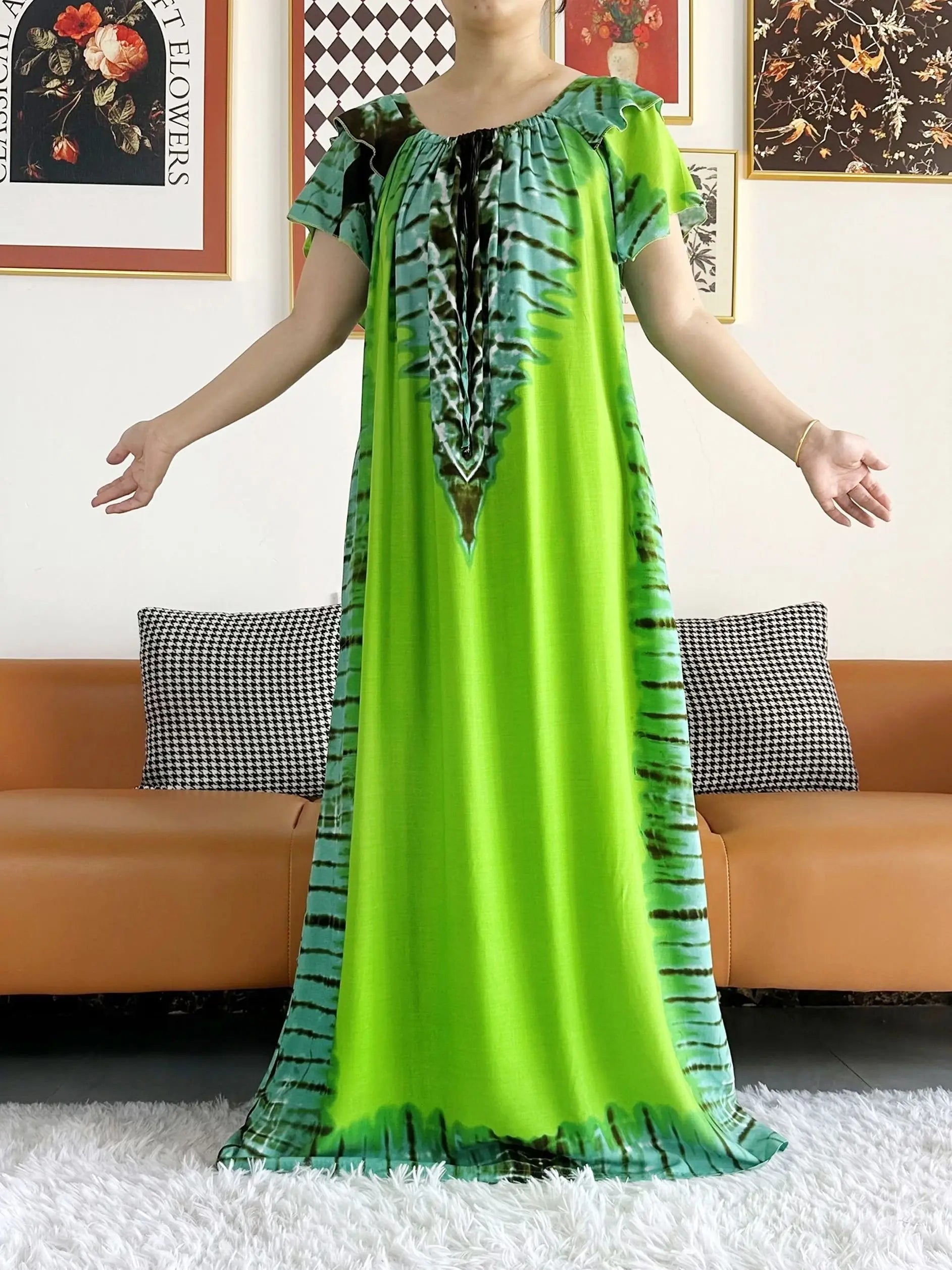 Abaya for Women  African Lady Short Sleeve Loose Dress Solid Cotton Boat-Neck Floral Boubou Maxi Islam Women African Clothes
