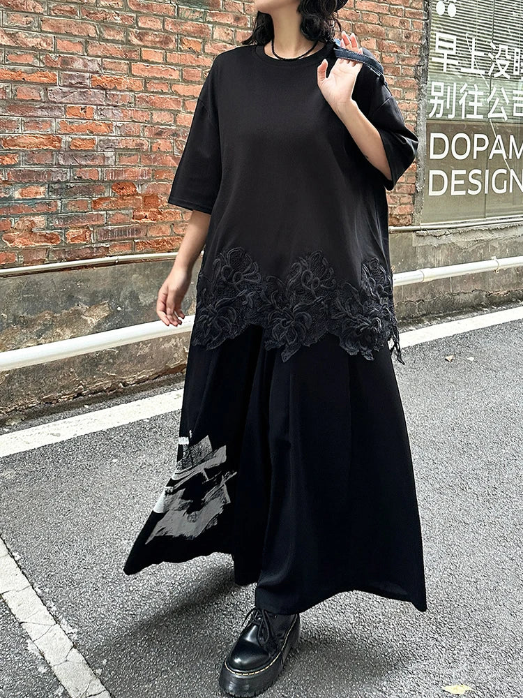 [EAM] High Elastic Waist Black Pattern Printed Long Wide Leg Pants New Trousers Women Fashion Tide Spring Autumn 2025 1DJ0899
