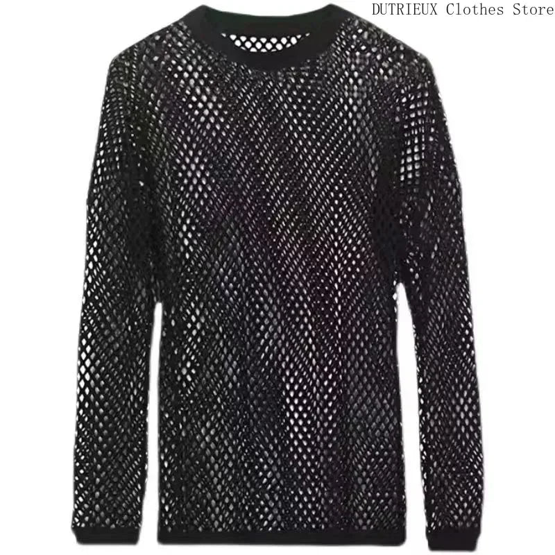 Spring &Autumn Breathable Mesh Men's Long Sleeve T-shirt Sexy See-through Mesh Men's T-shirt Bar Club Party Performance Clothing