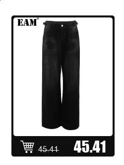 [EAM] High Elastic Waist Black Pattern Printed Long Wide Leg Pants New Trousers Women Fashion Tide Spring Autumn 2025 1DJ0899