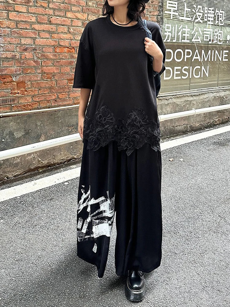 [EAM] High Elastic Waist Black Pattern Printed Long Wide Leg Pants New Trousers Women Fashion Tide Spring Autumn 2025 1DJ0899