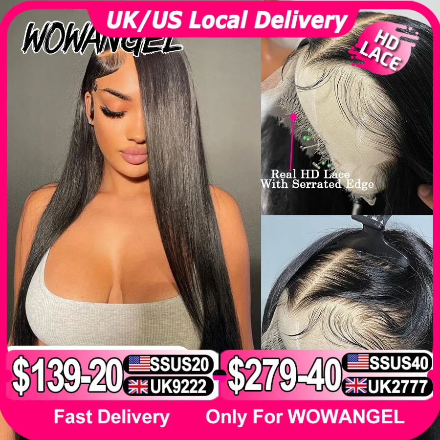 Wow Angel 250% 13x6 HD Full Lace Frontal Wigs Large Lace Size Straight 34in Remy Human Hair Wigs Pre Plucked Brazilian Hair